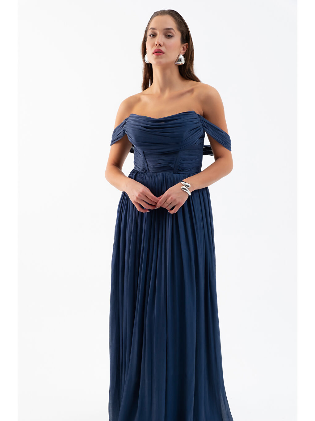 Kadın Lacivert Kayık Yaka Uzun Abiye Elbise-2