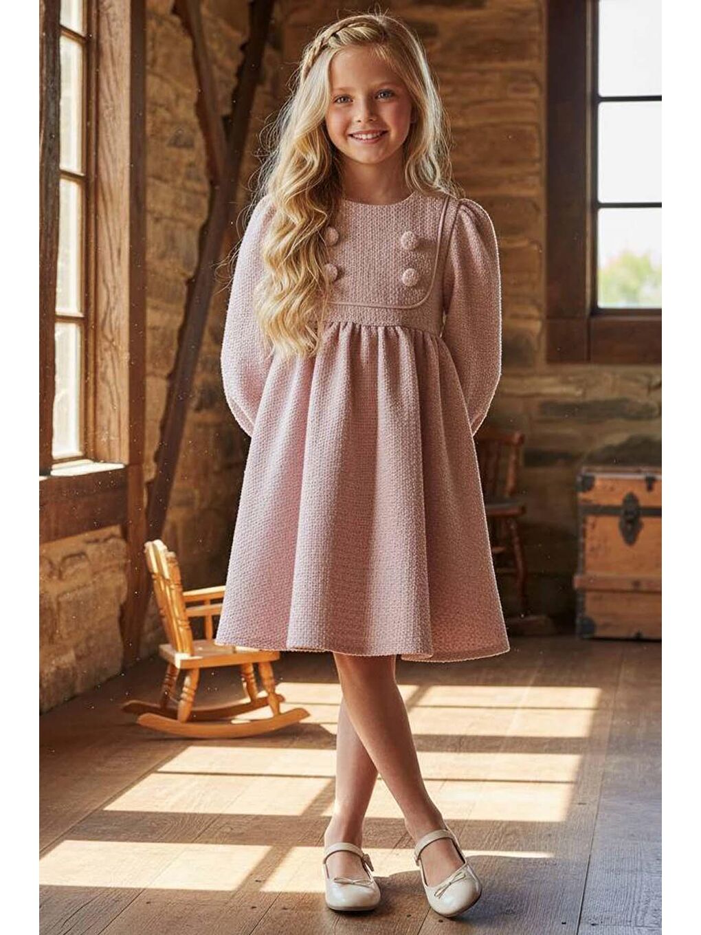 Kız Çocuk Yaka ve Düğme Detaylı Bilekleri Manşetli Pliseli Pembe Şanel Elbise