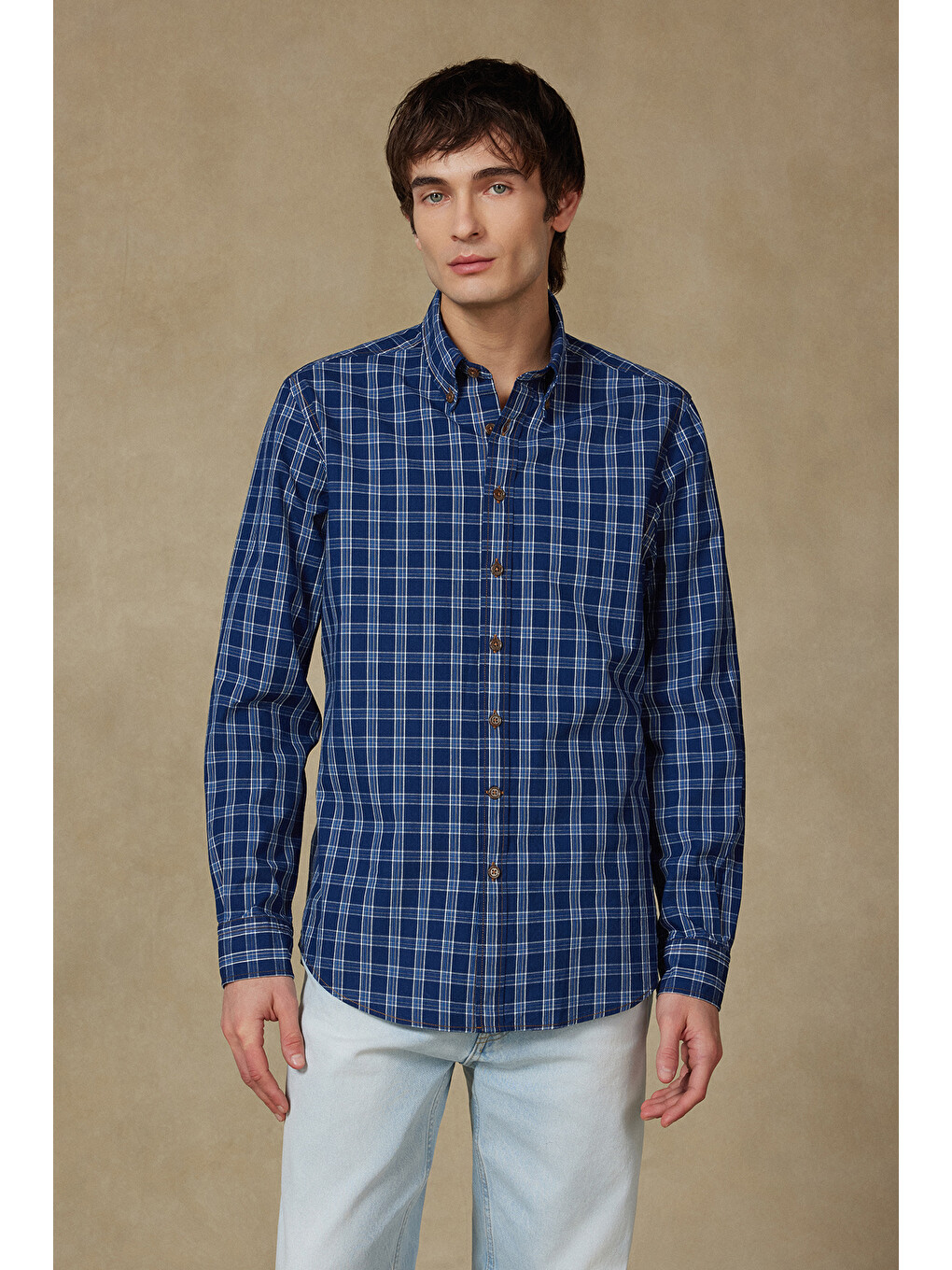 Natte Denim Pamuklu Comfort Fit Lacivert Düğmeli Yaka Erkek Kareli Gömlek