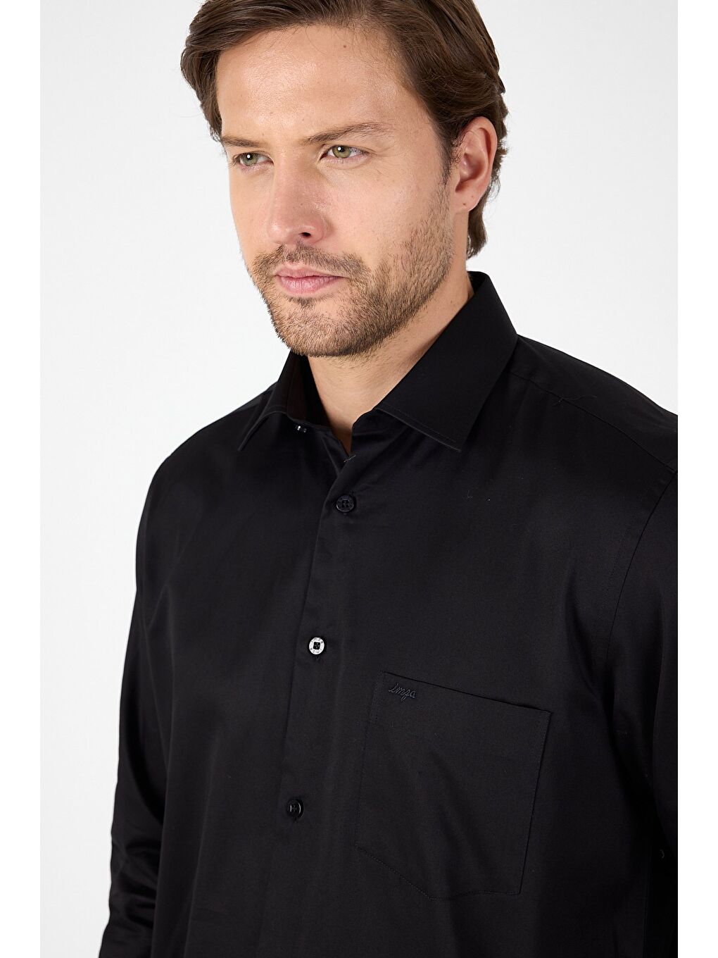 Siyah Sert Yaka Düz Classic %100 Pamuk Comfort Fit Gömlek 1004250323-3