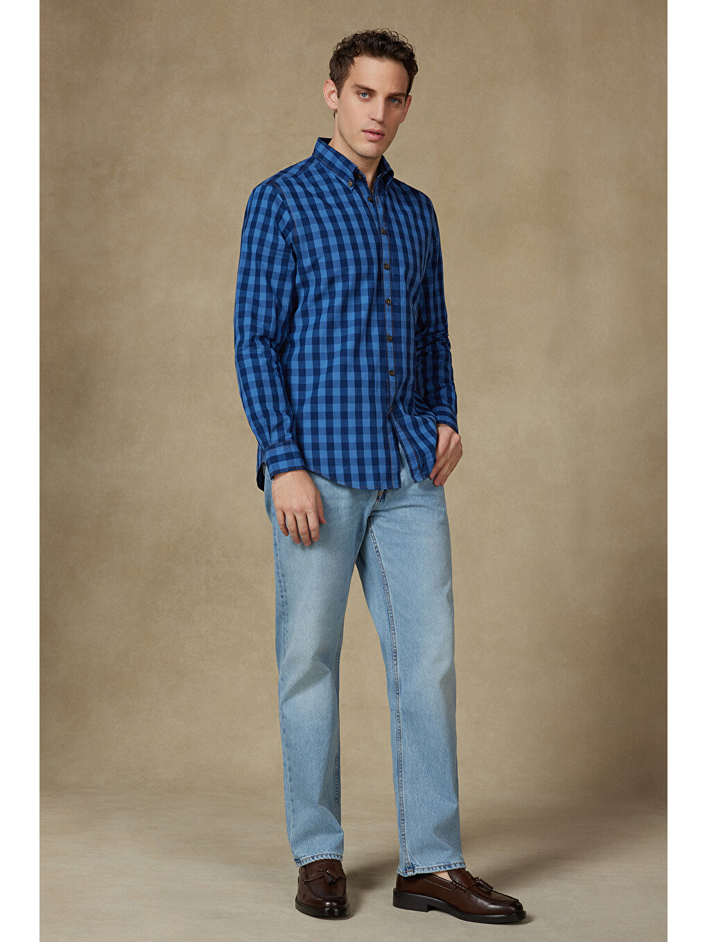 Natte Denim Pamuklu Comfort Fit Lacivert Düğmeli Yaka Erkek Kareli Gömlek-2