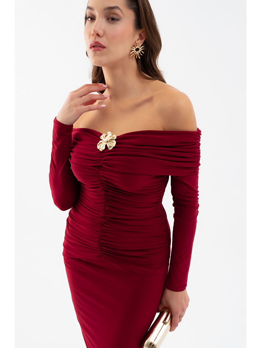 Kadın Bordo Büzgü Detay Uzun Elbise-3