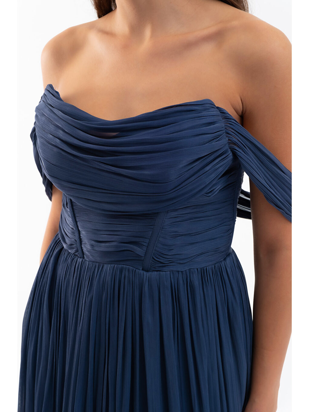 Kadın Lacivert Kayık Yaka Uzun Abiye Elbise-3