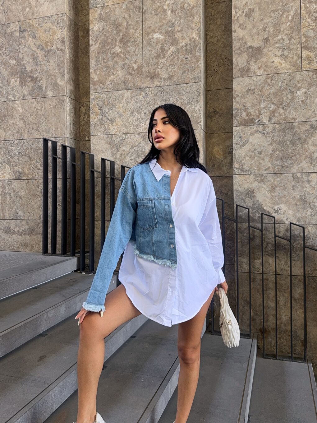 Beyaz Jean Bloklu Tasarım Gömlek-2