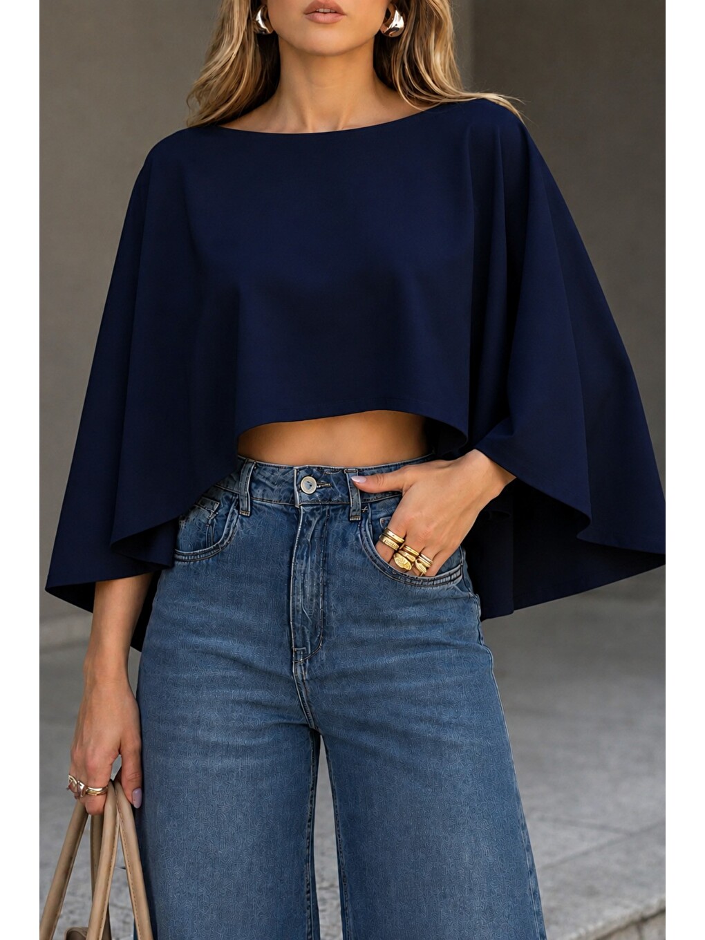 Lacivert Kadın Kayık Yaka Pelerin Bluz Salaş Crop Bluz-1