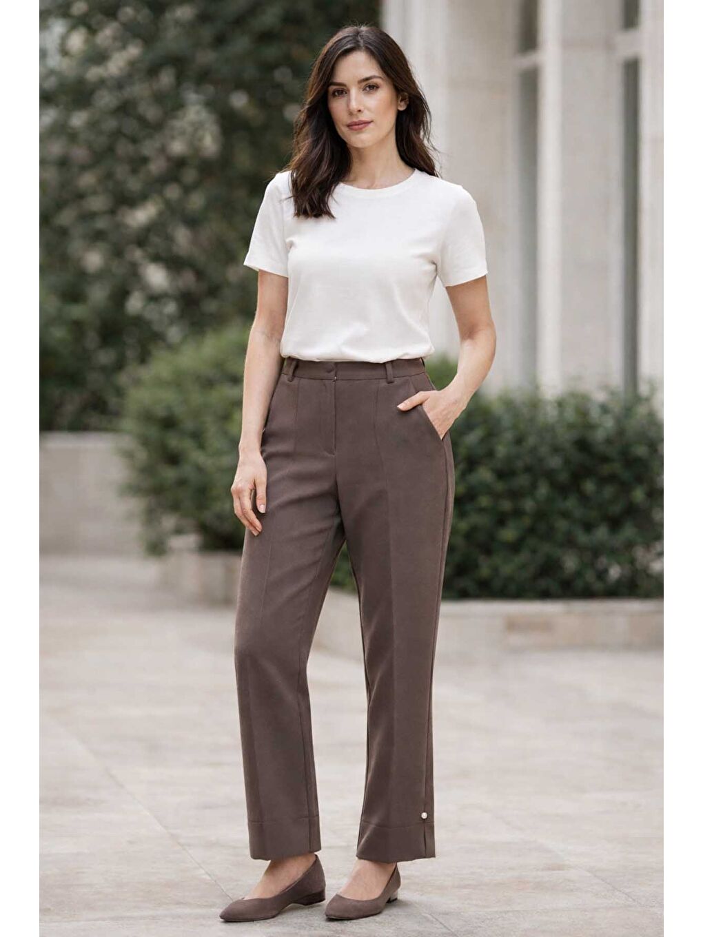 Kahverengi Kadın Bilek Boy Kumaş Pantolon 01 Toprak-1