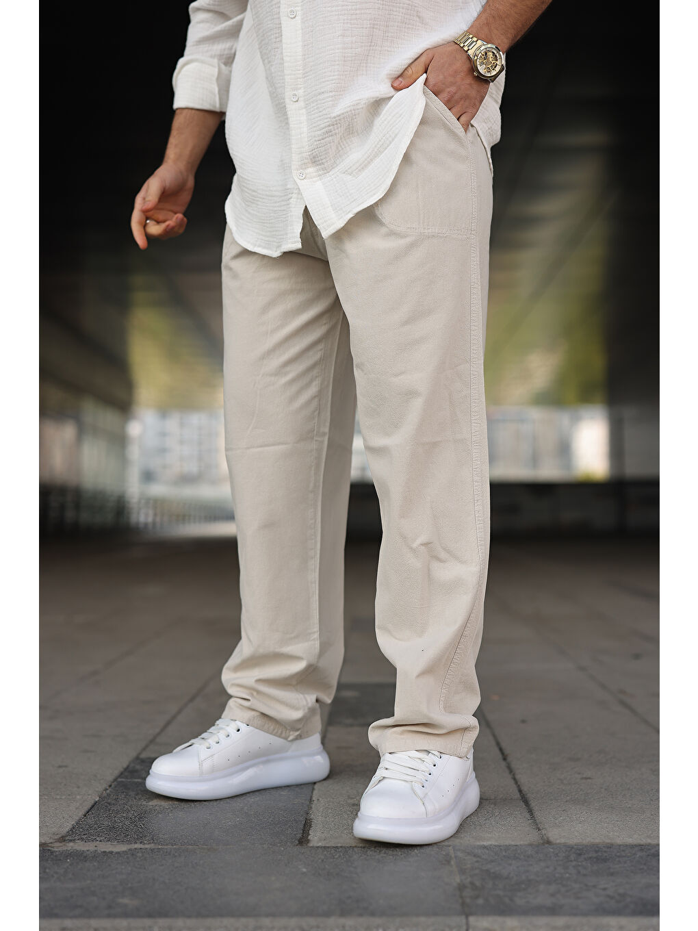 Ekru Erkek Trend Basic Bol Paça Krem Baggy Keten Pantolon-2