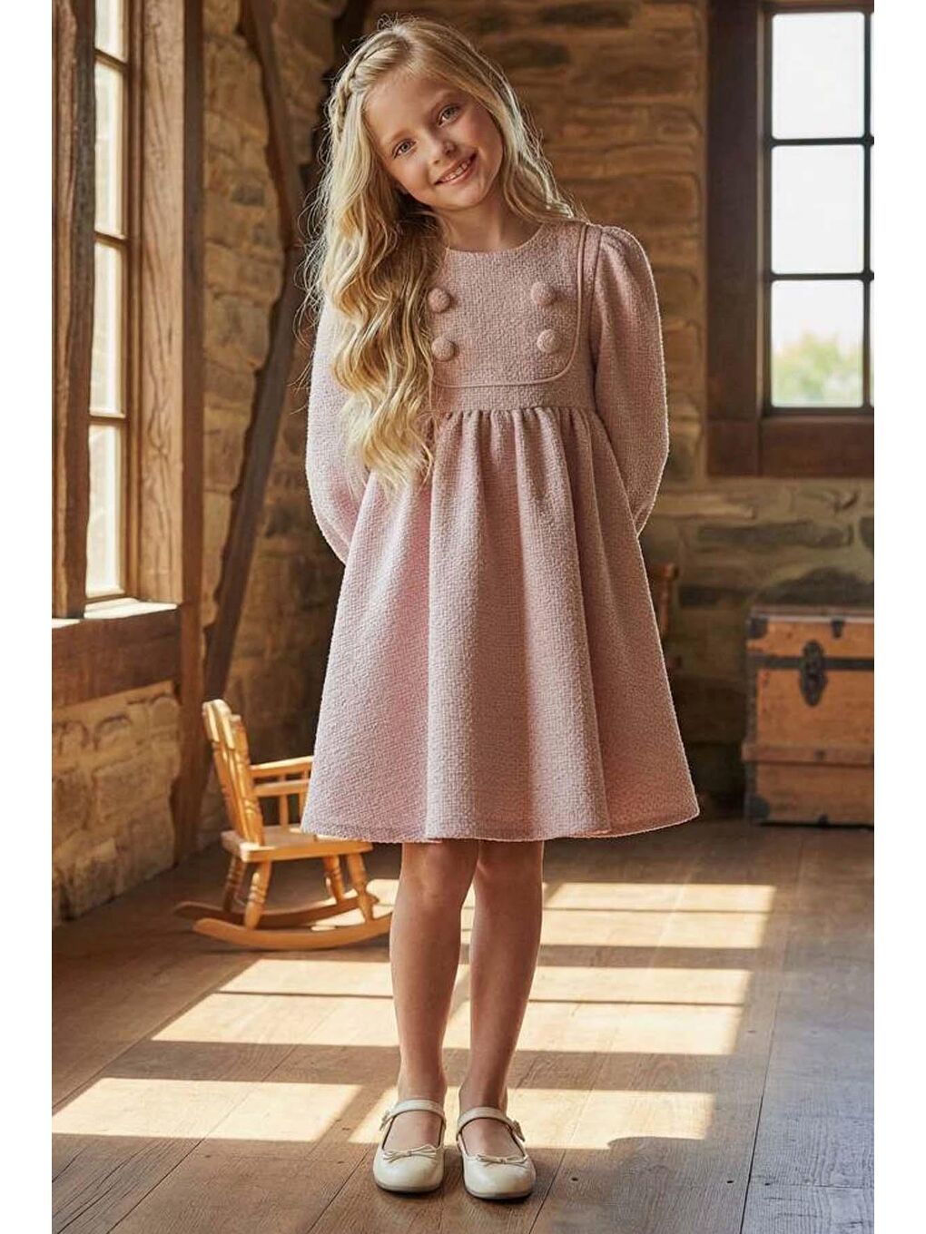 Kız Çocuk Yaka ve Düğme Detaylı Bilekleri Manşetli Pliseli Pembe Şanel Elbise-1