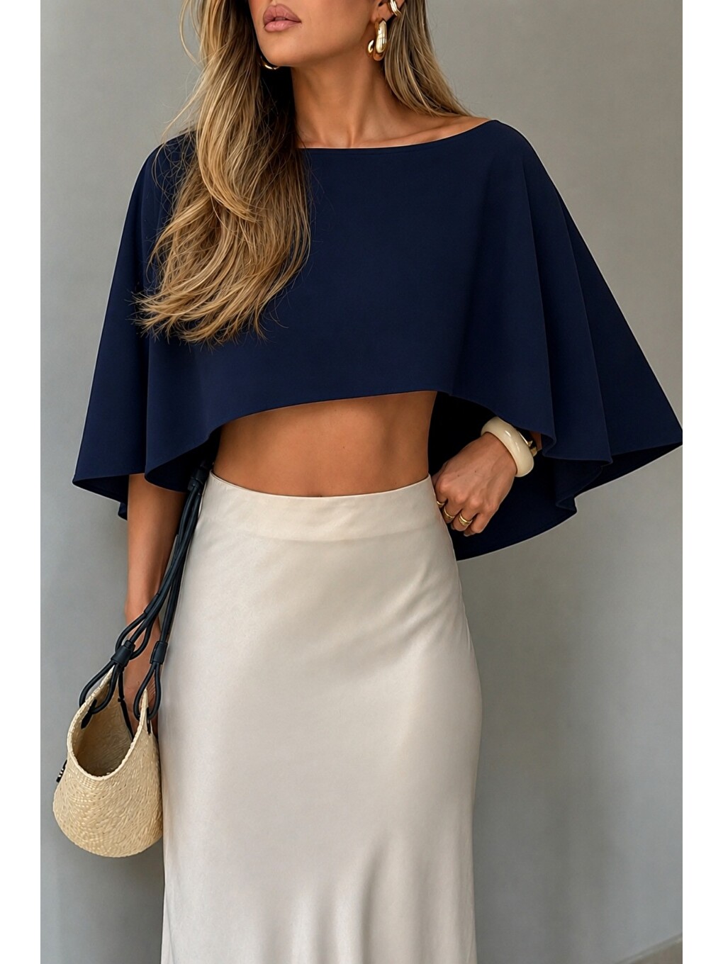 Lacivert Kadın Kayık Yaka Pelerin Bluz Salaş Crop Bluz-4