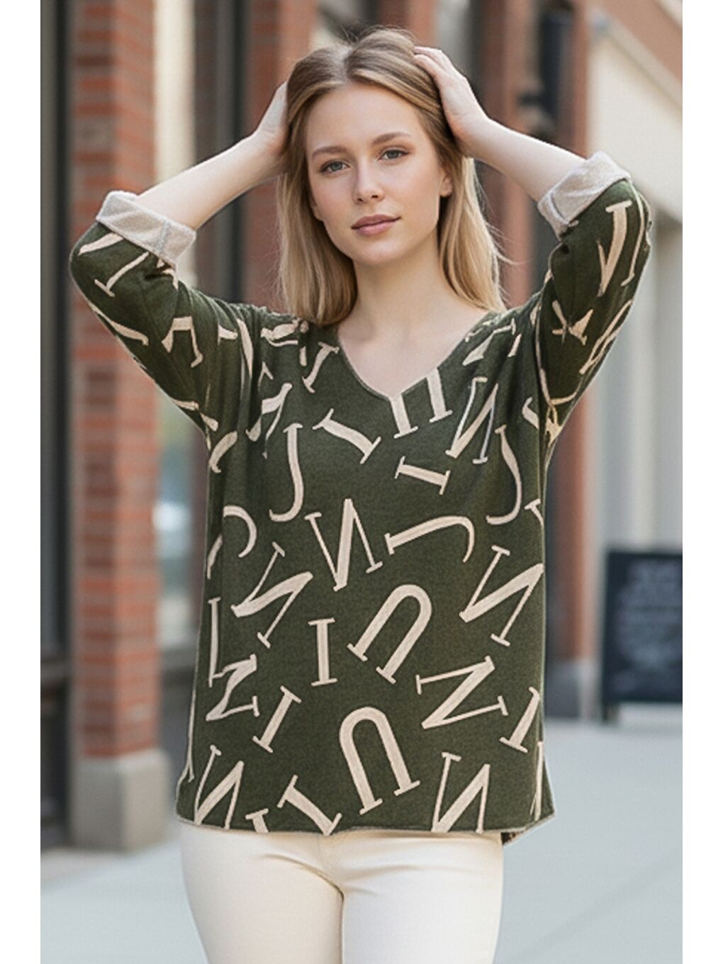 İtalyan Haki V Yaka Uzun Kol İnce Allover Baskılı Casual Triko Bluz 70 70-1