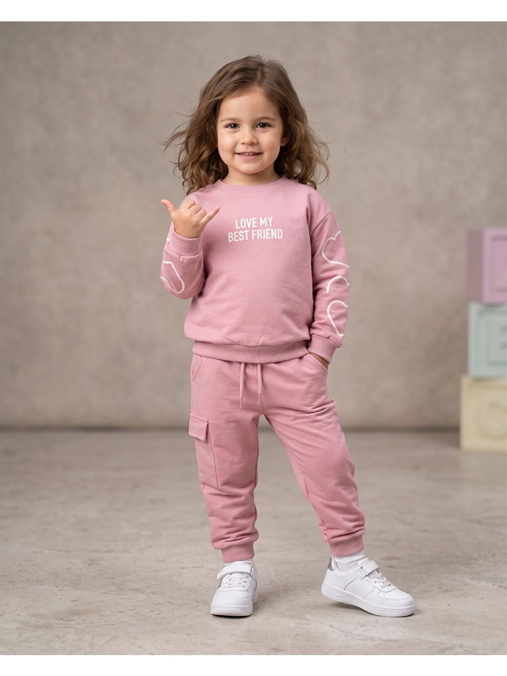 Pembe Kız Çocuk Mevsimlik 2 İplik Kalp Baskılı Eşofman Takımı-1