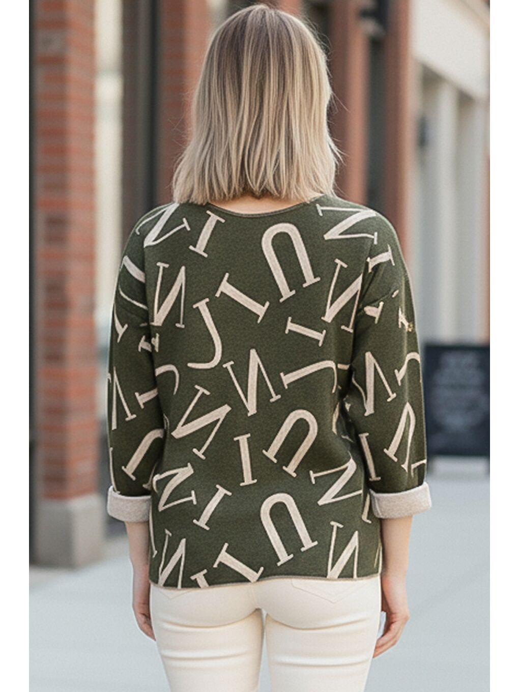 İtalyan Haki V Yaka Uzun Kol İnce Allover Baskılı Casual Triko Bluz 70 70-2