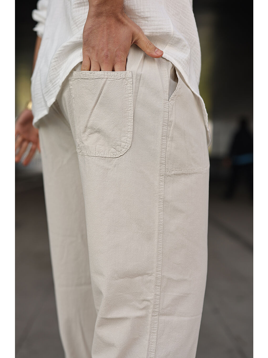 Ekru Erkek Trend Basic Bol Paça Krem Baggy Keten Pantolon-3