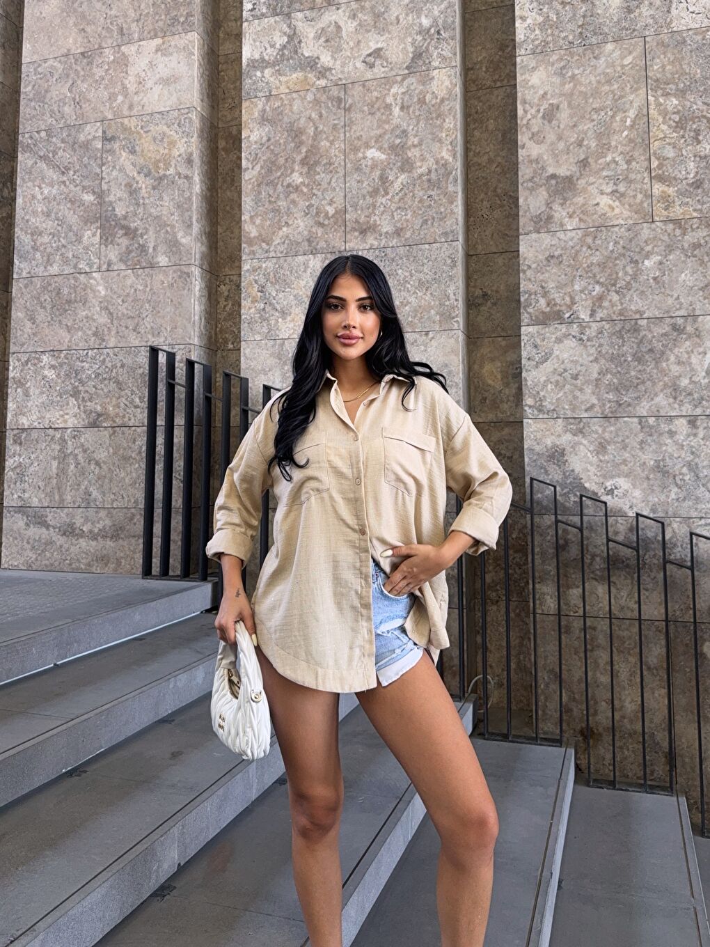 Ekru Parıltı Detay Keten Kumaş Gömlek-4