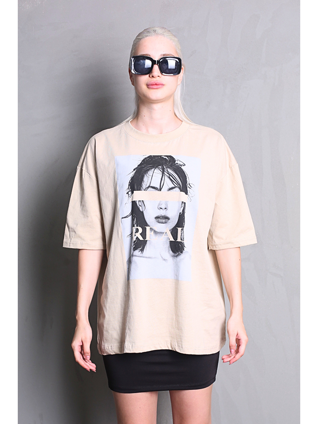 Bej Oversize Baskılı Kadın Tişört Mg1764-1