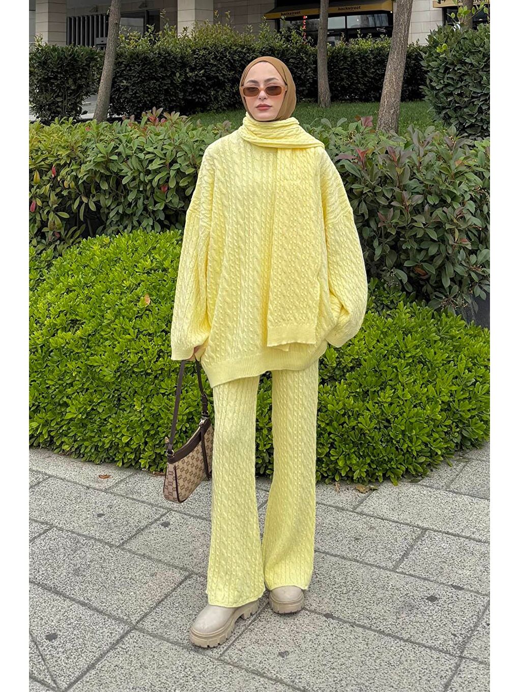 Atkılı Örgü Desen İkili Takım Sarı