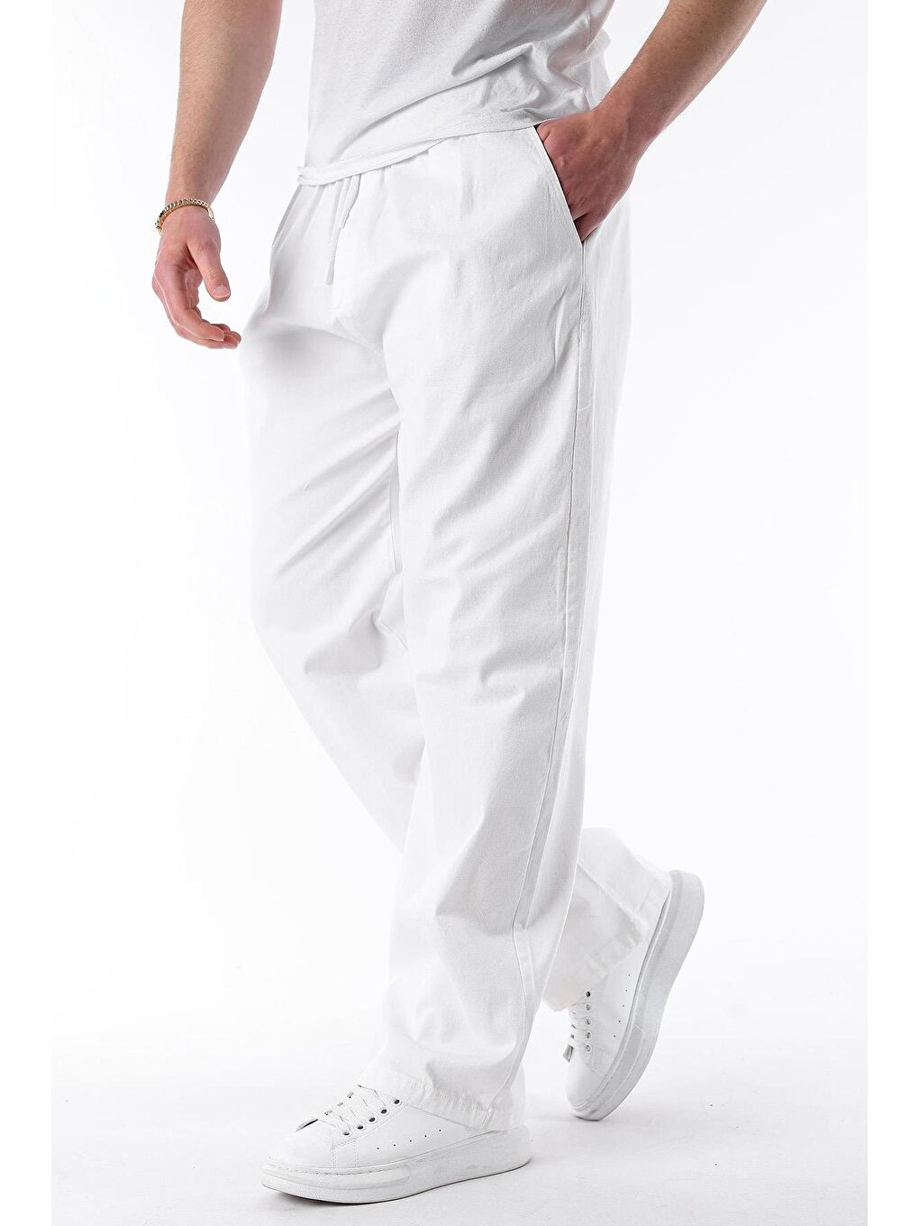 Ekru Bol Paça Beli Bağlamalı Erkek Pantolon E7403