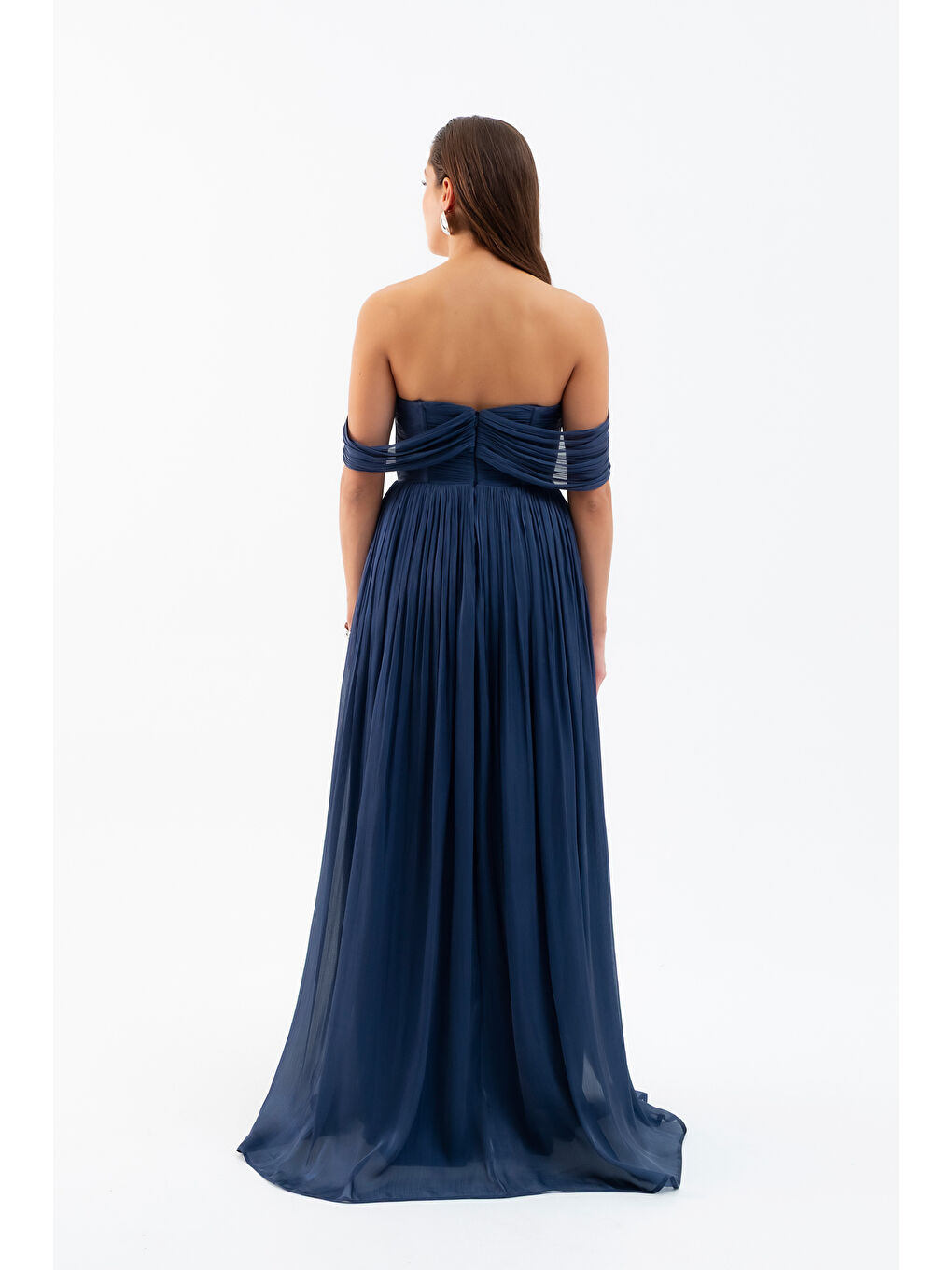 Kadın Lacivert Kayık Yaka Uzun Abiye Elbise-5