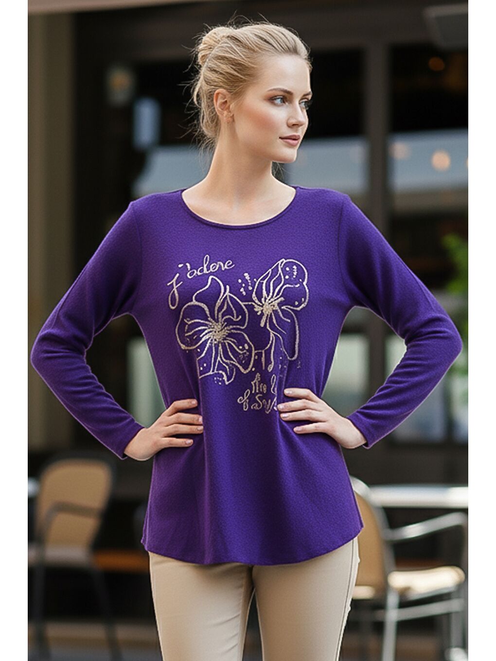 İtalyan Mor Havuz Yaka Uzun Kol Çiçekli Varak Baskılı Casual Oversize Triko Bluz 75 75-2