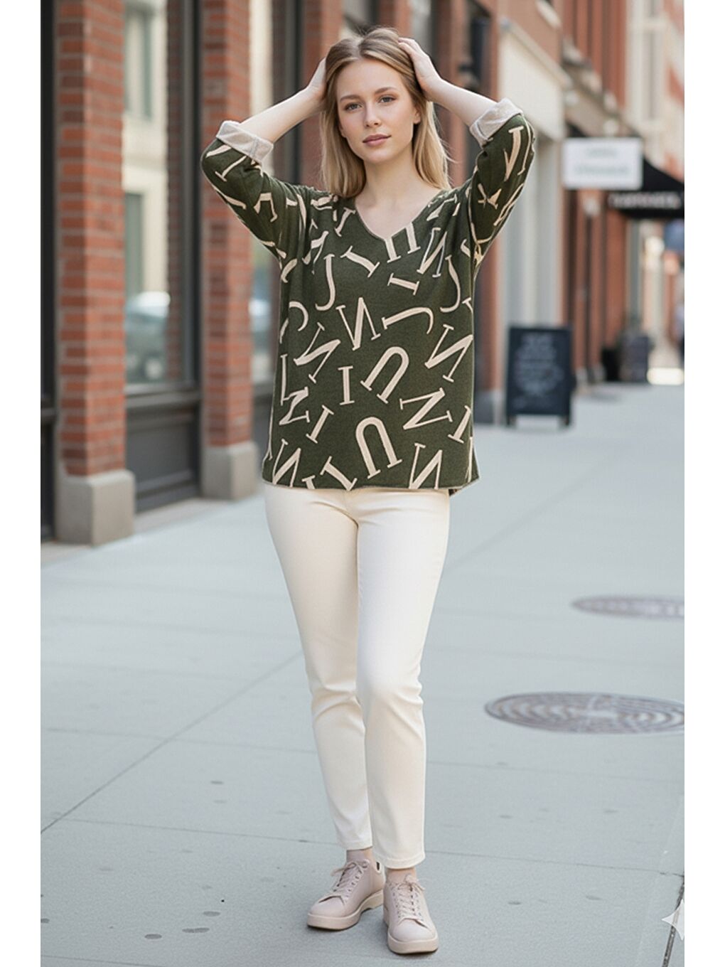 İtalyan Haki V Yaka Uzun Kol İnce Allover Baskılı Casual Triko Bluz 70 70-3