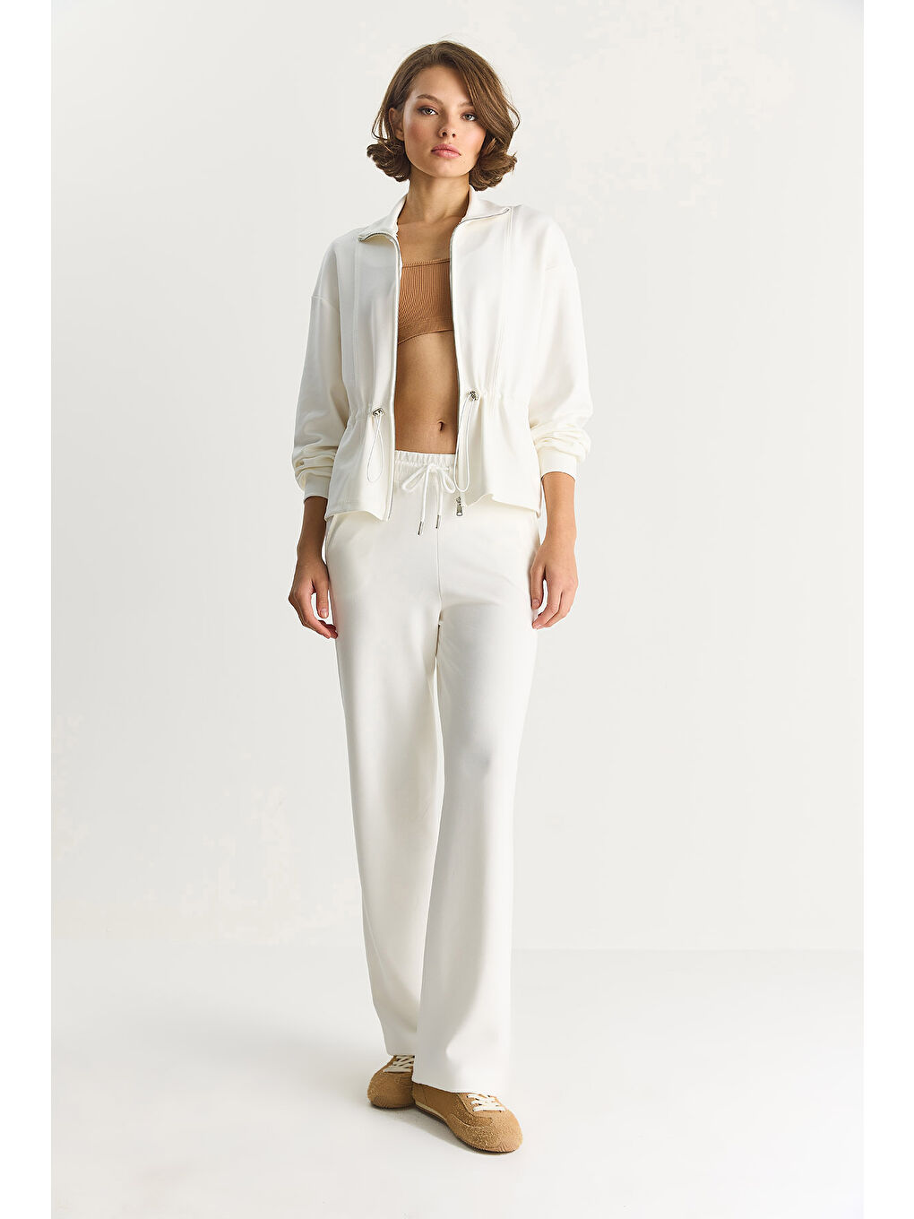 Beyaz Kadın Yumuşak Dokulu Bel Ayarlamalı Ceket Pantolon Modal Takım-3