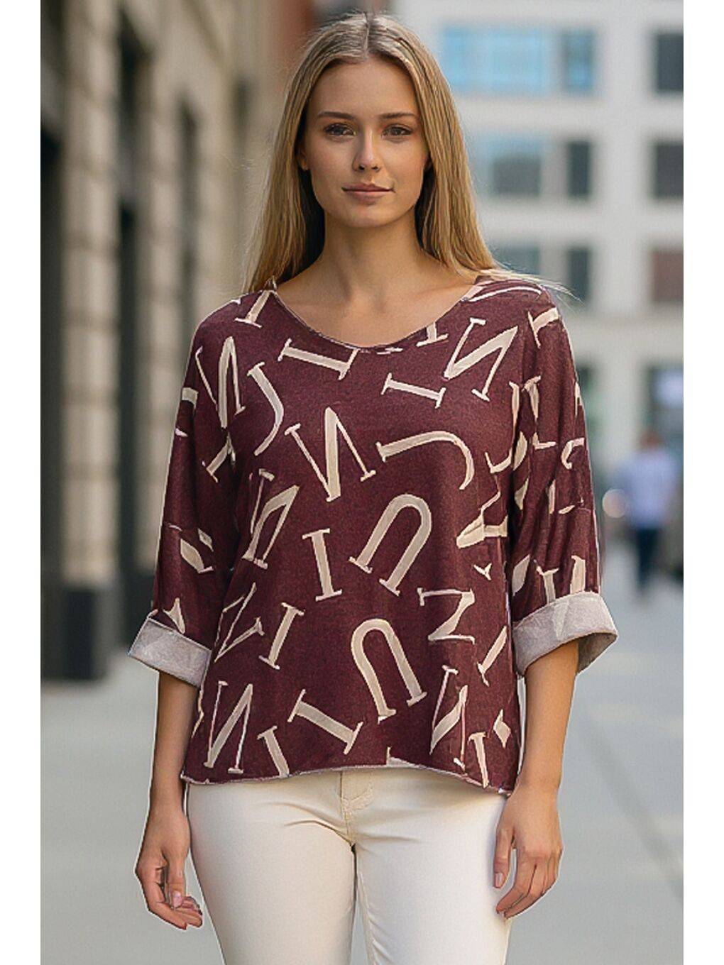İtalyan Bordo V Yaka Uzun Kol İnce Allover Baskılı Casual Triko Bluz 70 70