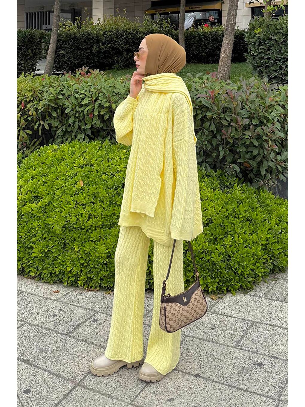 Atkılı Örgü Desen İkili Takım Sarı-1