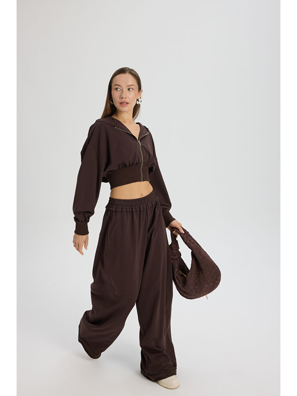 Kahverengi Petal Pis Detay Kahve Crop Eşofman Takım-1