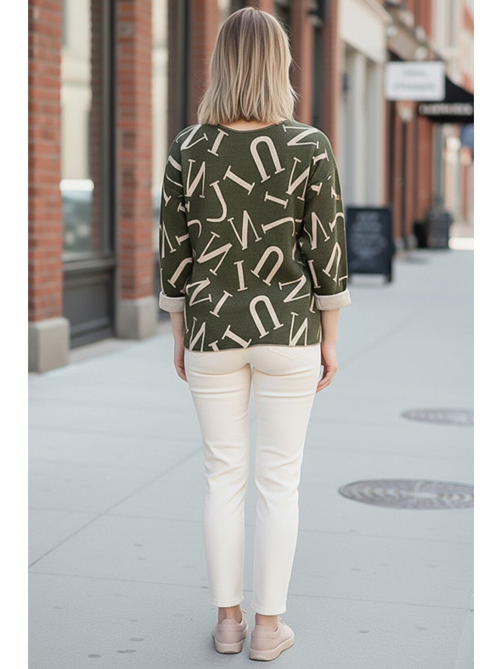 İtalyan Haki V Yaka Uzun Kol İnce Allover Baskılı Casual Triko Bluz 70 70-5