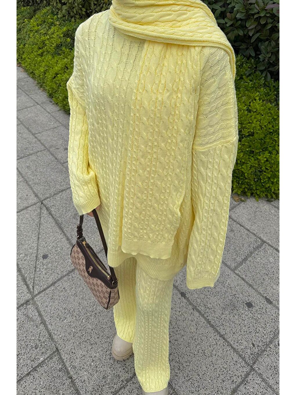 Atkılı Örgü Desen İkili Takım Sarı-2