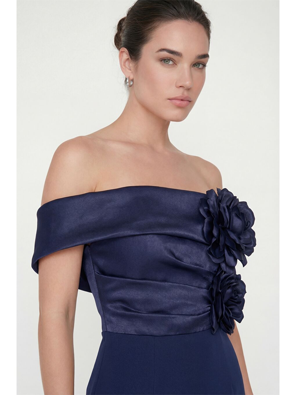 Kadın Lacivert Kayık Yaka Çiçek Detaylı Söz Nişan Nikah Abiye Elbise-1