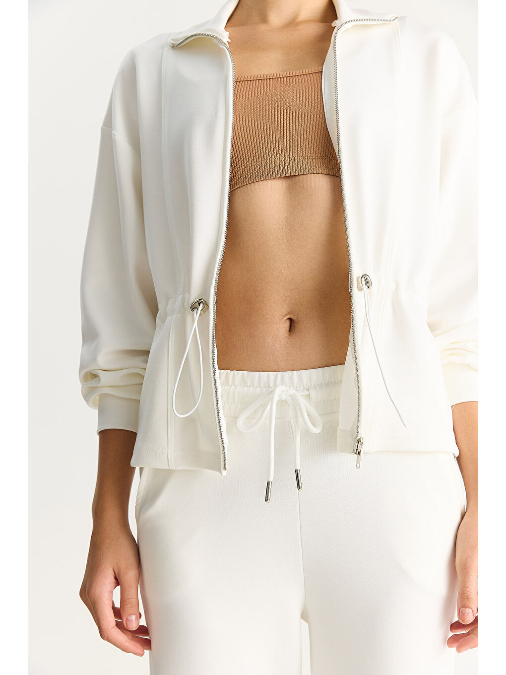 Beyaz Kadın Yumuşak Dokulu Bel Ayarlamalı Ceket Pantolon Modal Takım-4