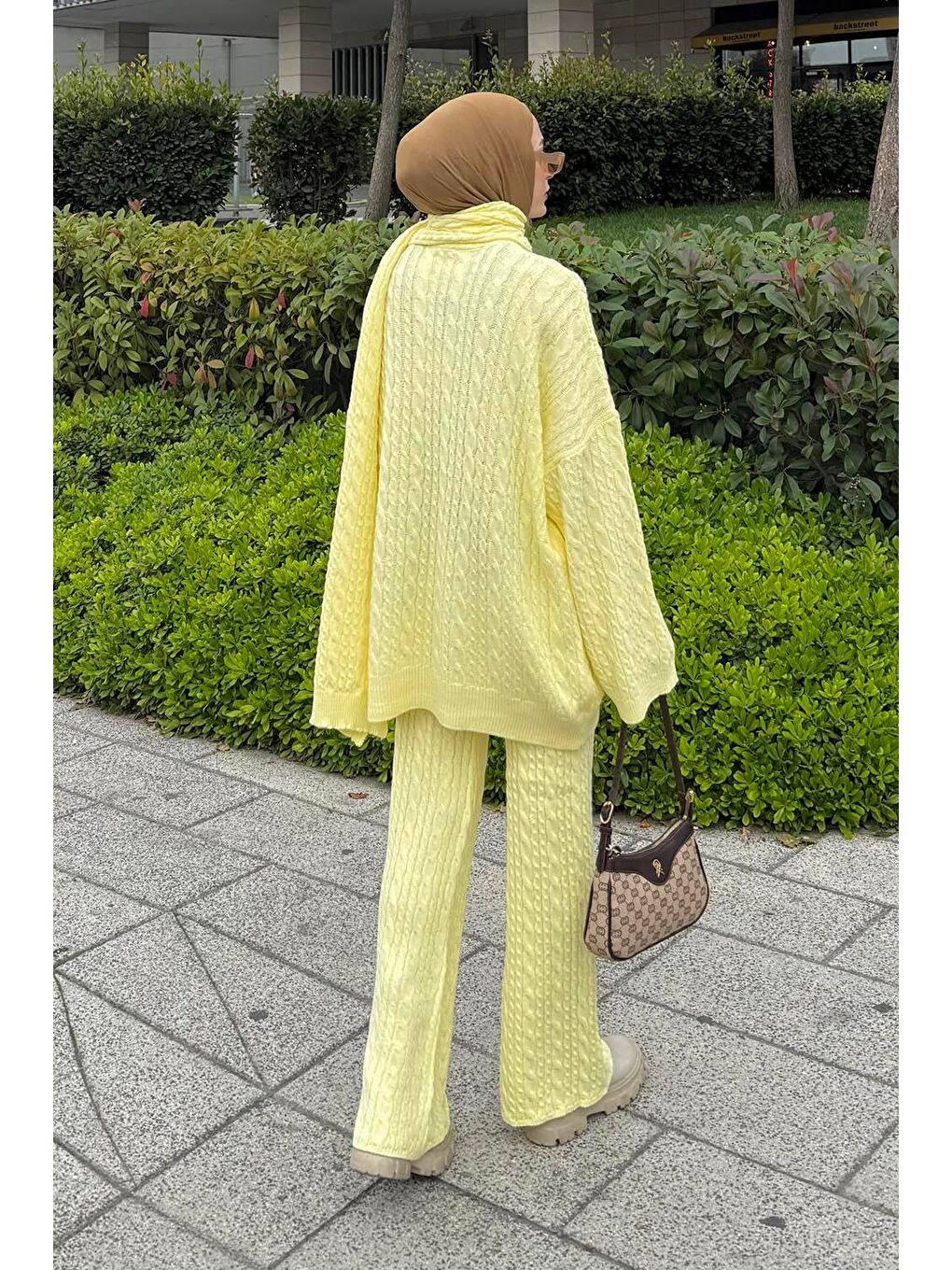 Atkılı Örgü Desen İkili Takım Sarı-3
