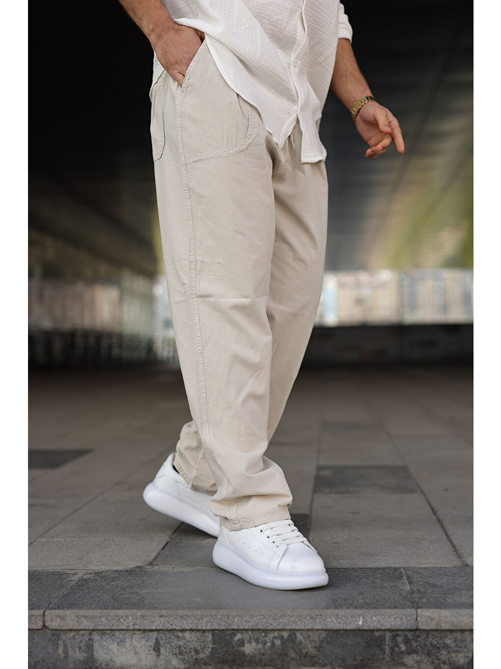 Ekru Erkek Trend Basic Bol Paça Krem Baggy Keten Pantolon-4