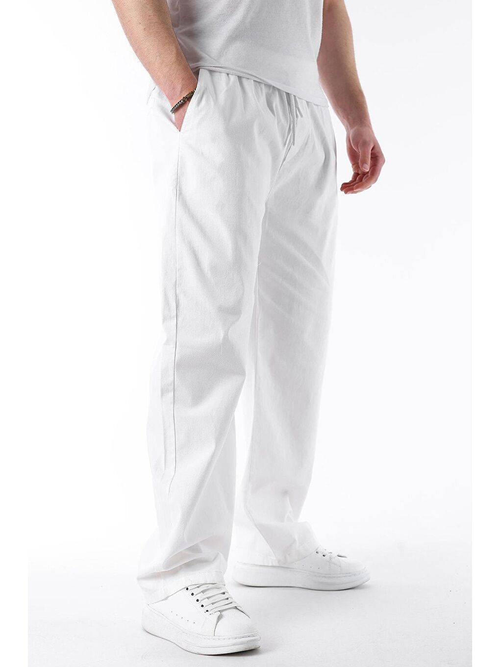 Ekru Bol Paça Beli Bağlamalı Erkek Pantolon E7403-1
