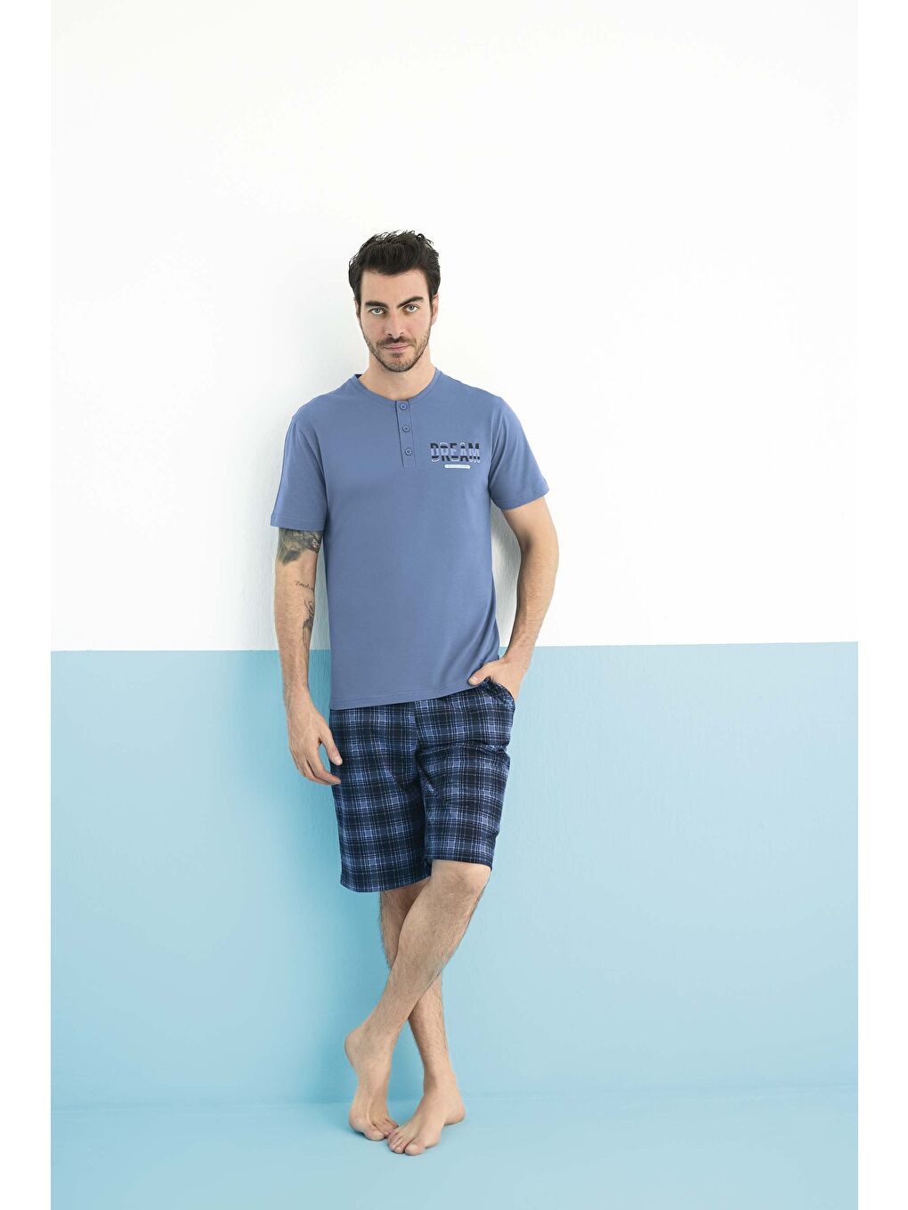 Mavi Erkek Penye Kısa Kol %100 Pamuk Şortlu Pijama Takımı-1