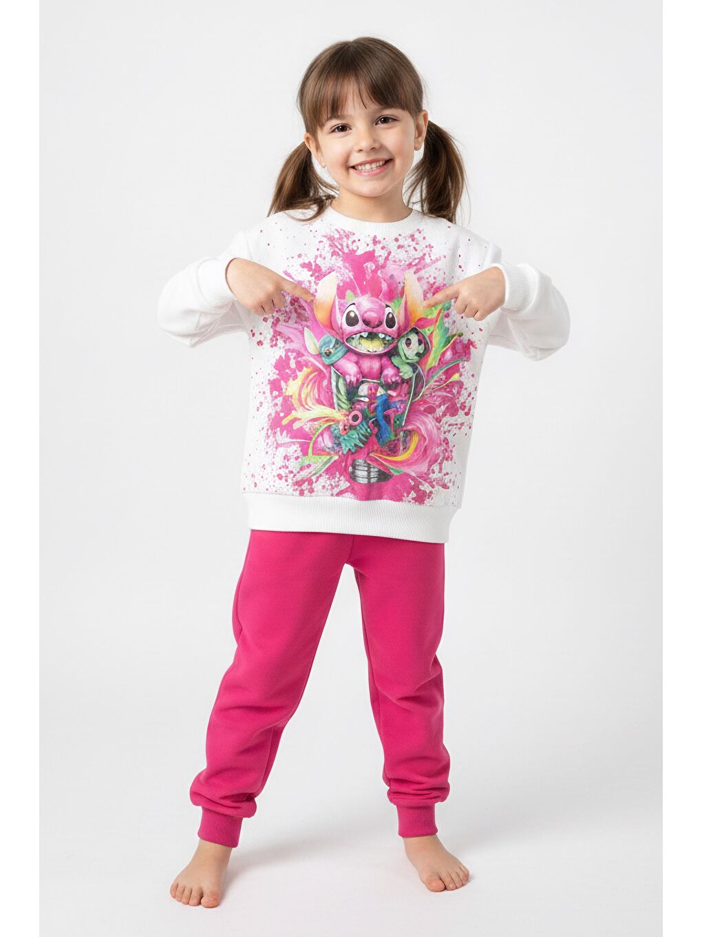 Kız Çocuk Fuşya Baskılı Pijama Takımı - 28096-FUSYA