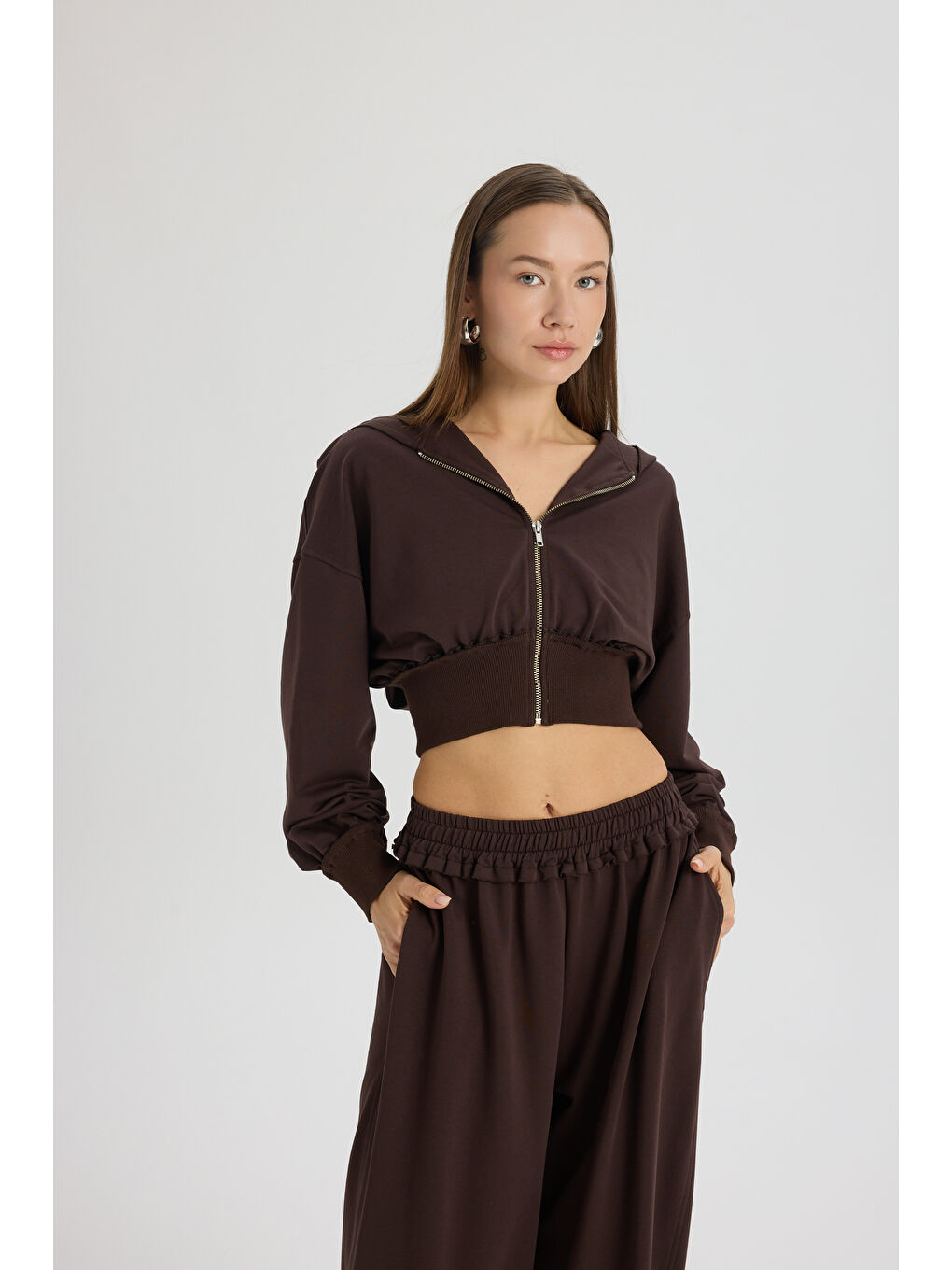 Kahverengi Petal Pis Detay Kahve Crop Eşofman Takım-2