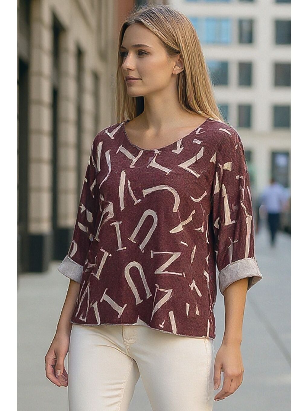İtalyan Bordo V Yaka Uzun Kol İnce Allover Baskılı Casual Triko Bluz 70 70-1