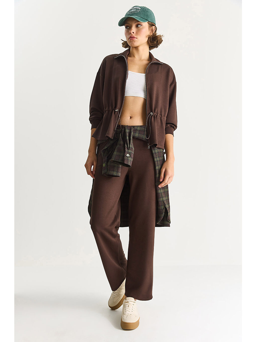 Kahverengi Kadın Yumuşak Dokulu Bel Ayarlamalı Ceket Pantolon Modal Takım-1