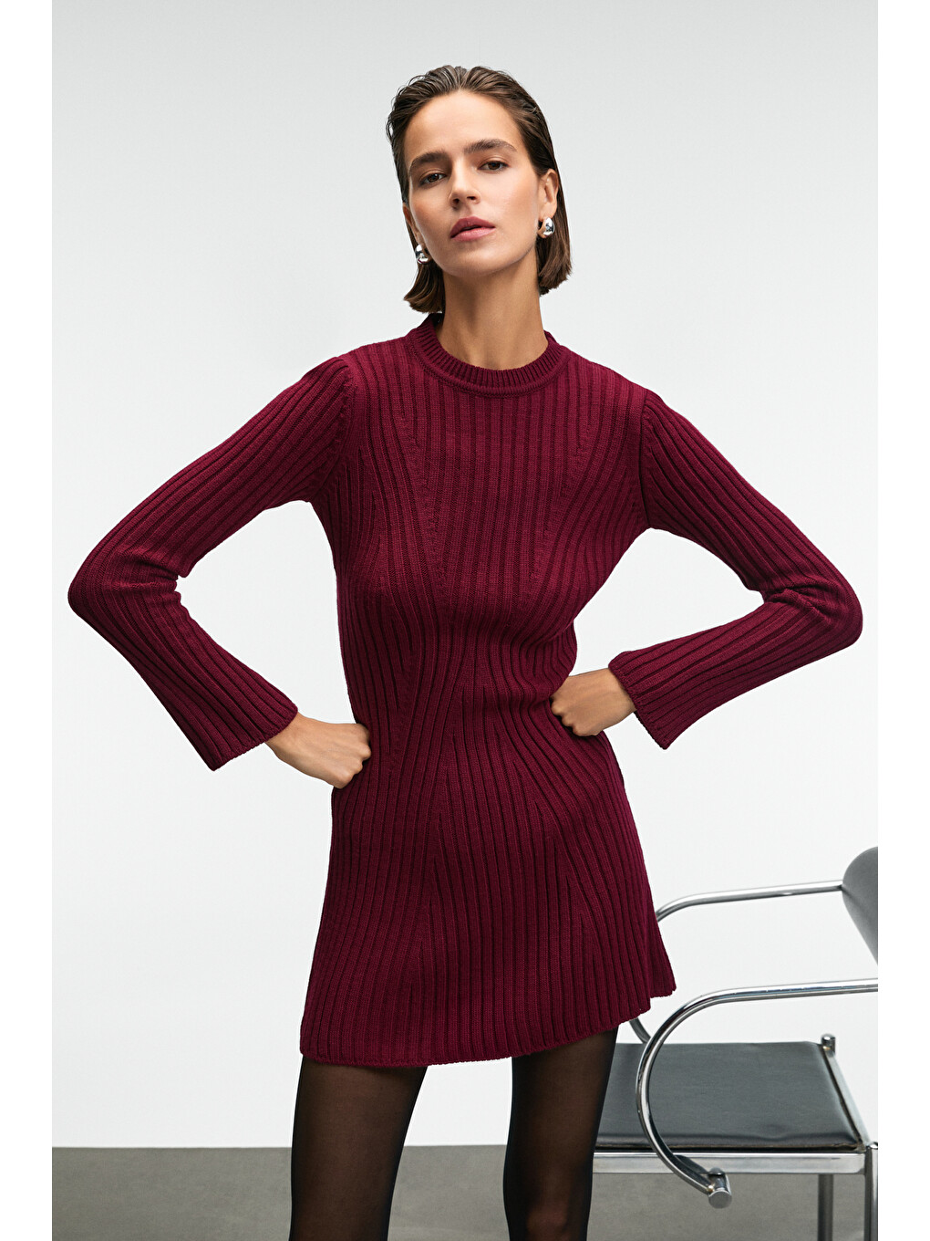 Encanto Kadın Yuvarlak Yaka Çizgi Desenli Slim Fit Bordo Elbise