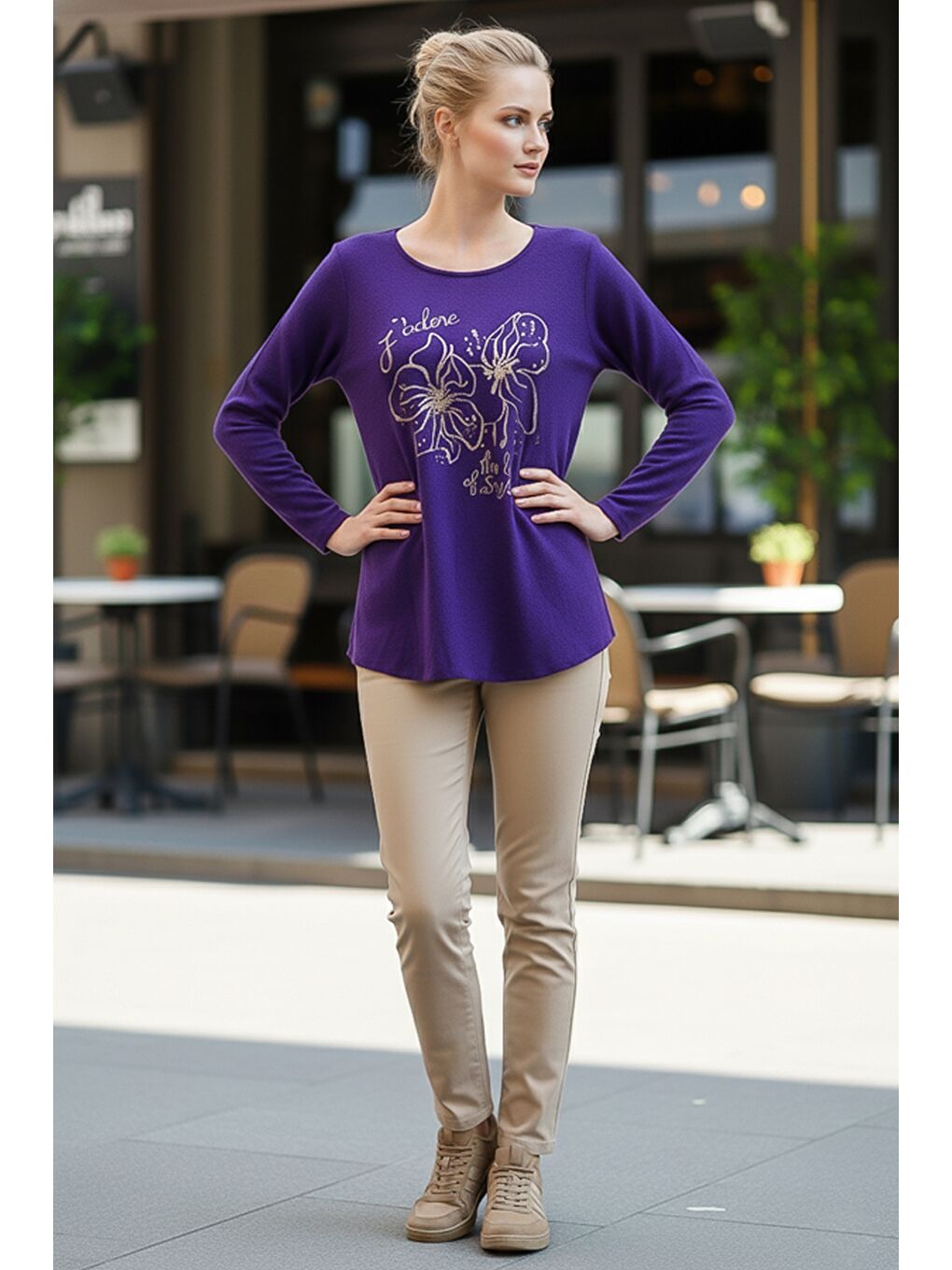 İtalyan Mor Havuz Yaka Uzun Kol Çiçekli Varak Baskılı Casual Oversize Triko Bluz 75 75-5