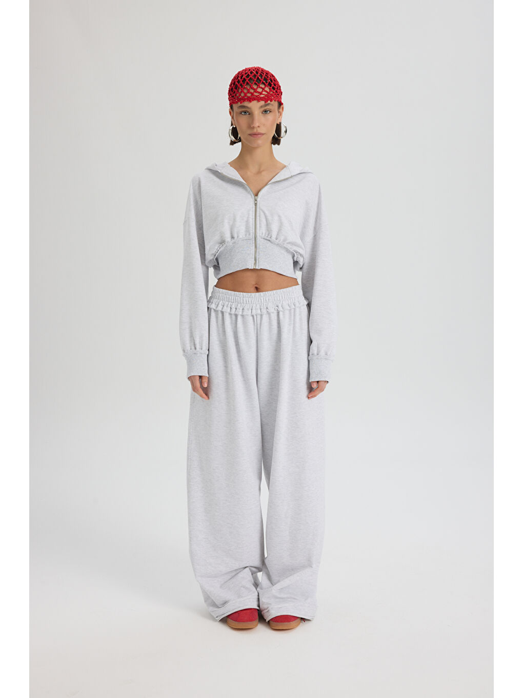 Beyaz Petal Pis Detay Karmelanj Crop Eşofman Takım-1