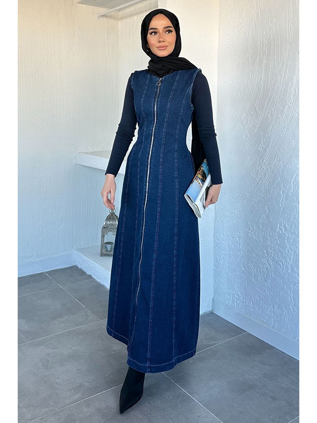Lacivert Boydan Fermuarlı Jean Jean Tesettür Elbise