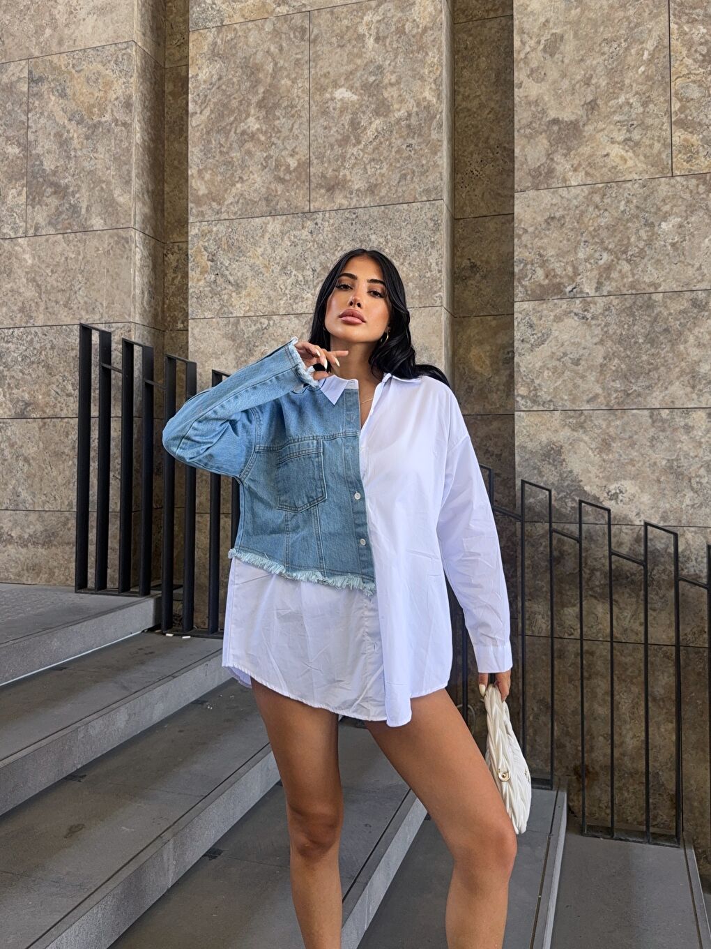 Beyaz Jean Bloklu Tasarım Gömlek-3