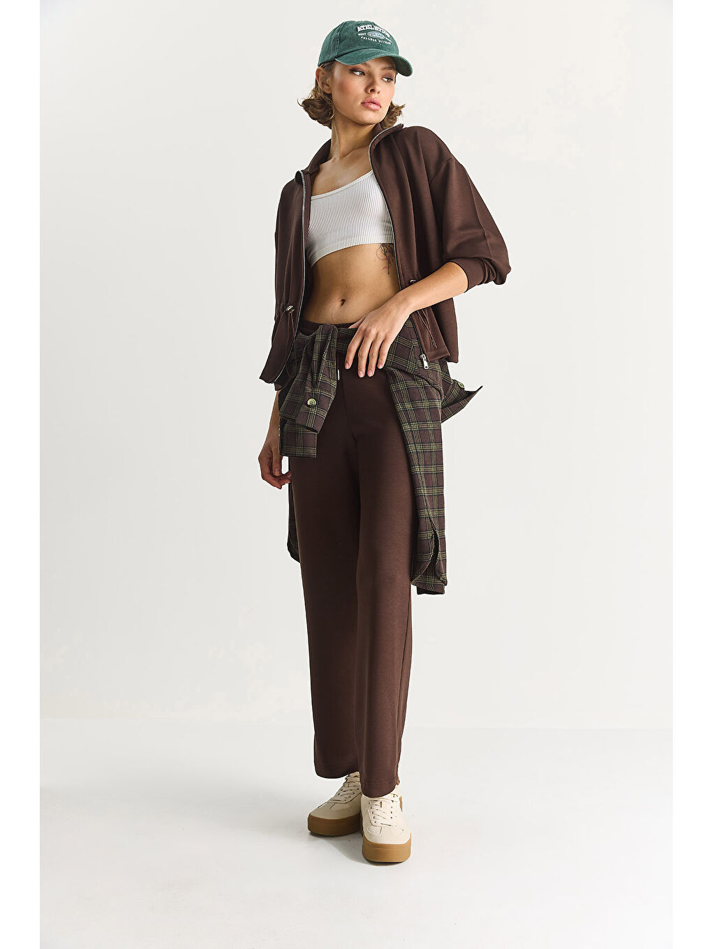 Kahverengi Kadın Yumuşak Dokulu Bel Ayarlamalı Ceket Pantolon Modal Takım-2