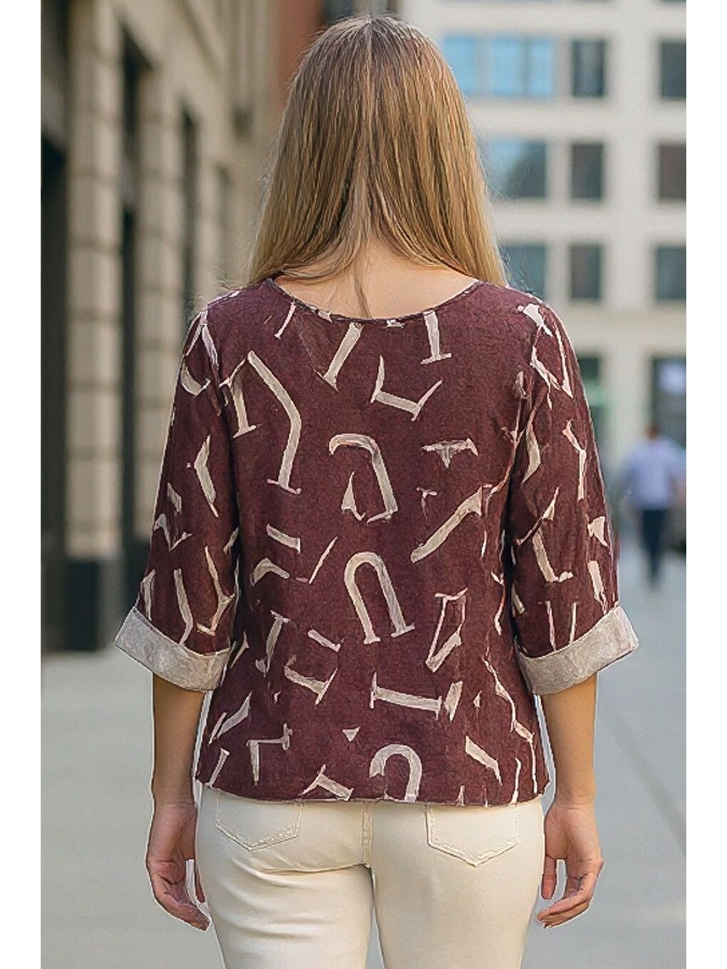 İtalyan Bordo V Yaka Uzun Kol İnce Allover Baskılı Casual Triko Bluz 70 70-2