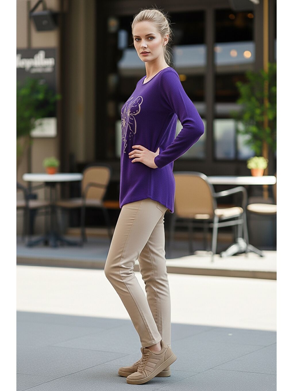 İtalyan Mor Havuz Yaka Uzun Kol Çiçekli Varak Baskılı Casual Oversize Triko Bluz 75 75-6