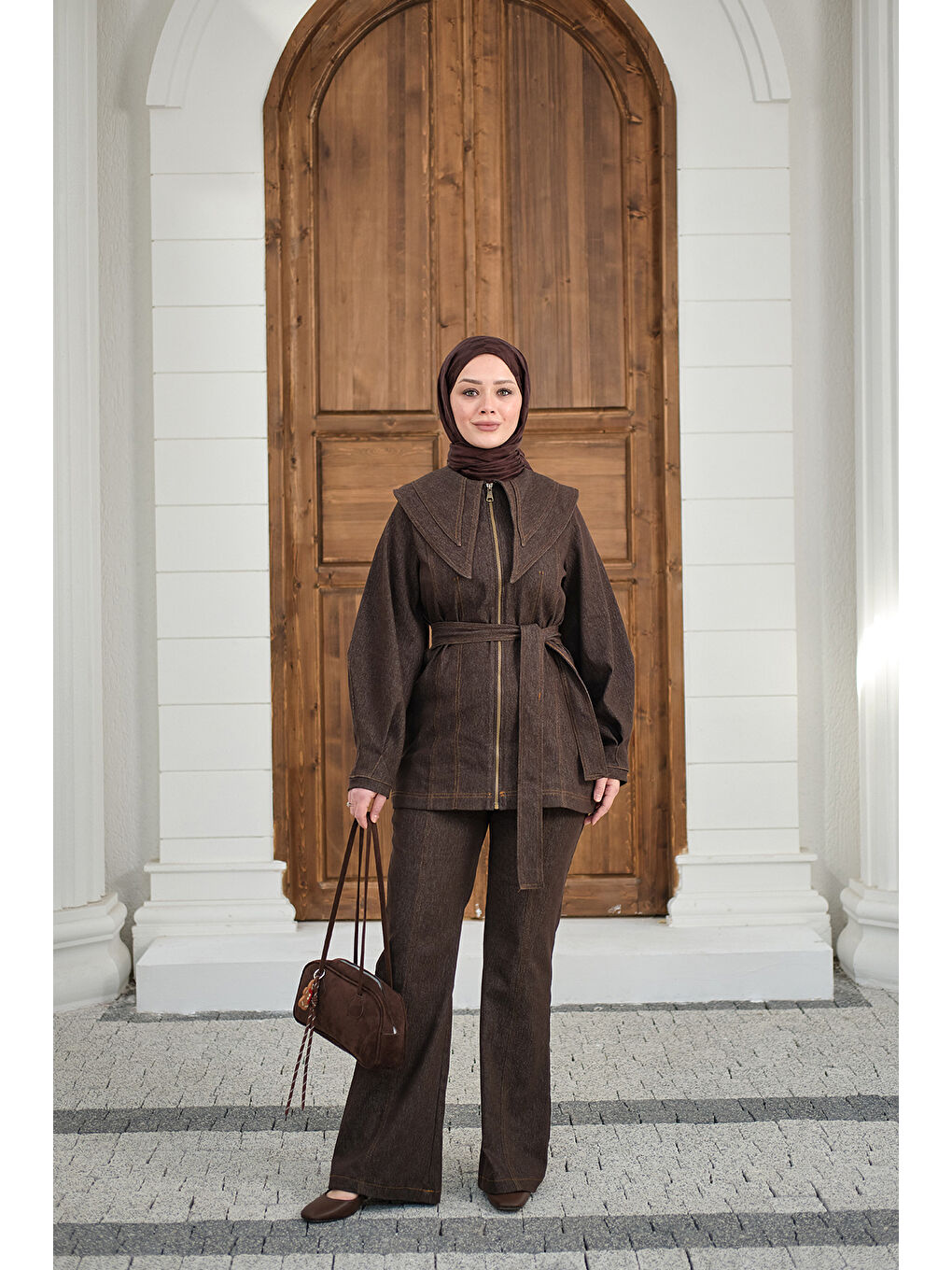 Kadın Fermuarlı Jean Takım Kahverengi