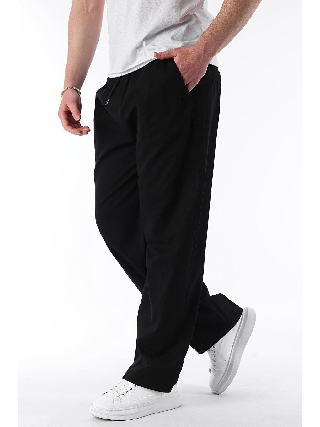 Siyah Bol Paça Beli Bağlamalı Erkek Pantolon E7403